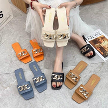 Load image into Gallery viewer, Women Summer Slipper Square Toe Chain Slippers Slip On Flat Slide Sandals Beach Flip Flops Casual Shoes Woman Heel Shoes Open Toe Slip On Dress Backless Heels Slides Slippers