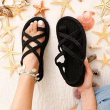 Load image into Gallery viewer, Women Summer Straw Rope Mesh Sandals Cross Tied Flat Sea Beach Casual Light Multi Elegant Design Flip Flop Trend Fashion High Quality Handmade Natural Comfortable Walking Sandals With Arch Support For Women