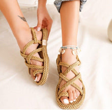 Load image into Gallery viewer, Women Summer Straw Rope Mesh Sandals Cross Tied Flat Sea Beach Casual Light Multi Elegant Design Flip Flop Trend Fashion High Quality Handmade Natural Comfortable Walking Sandals With Arch Support For Women