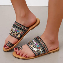 Load image into Gallery viewer, Women Summer Style Beautiful Flat Slippers Casual Comfortable Beach Women Sandals Strappy Flat Open Toe Ring Sandals Wide Comfortable Leather Shiny Sandals