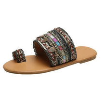 Load image into Gallery viewer, Women Summer Style Beautiful Flat Slippers Casual Comfortable Beach Women Sandals Strappy Flat Open Toe Ring Sandals Wide Comfortable Leather Shiny Sandals
