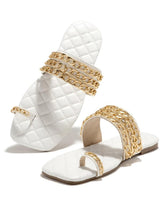 Load image into Gallery viewer, Women Summer Weave Slides Chain Decorative Flip Flops Outdoor Casual Sandals Square Heel Slippers Metal Chain Elastic Slingback Cute Flat Dressy Casual Summer Beach Sandals