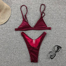 Load image into Gallery viewer, Women Swimsuit Triangle Micro Bikini Set Solid Swimwear Women's Swimsuit Halter Ribbed String Bathing Suit Bikini Set High Cut Swimming Bathing Suit Beachwear
