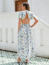 Load image into Gallery viewer, Women's Floral Print Maxi Dress - Elegant Vacation Dress With Ruffle Sleeves, Cutout Waist, And High Slit, Breathable Rayon Fabric