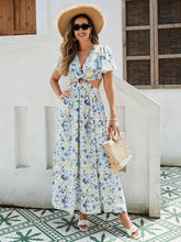 Load image into Gallery viewer, Women's Floral Print Maxi Dress - Elegant Vacation Dress With Ruffle Sleeves, Cutout Waist, And High Slit, Breathable Rayon Fabric