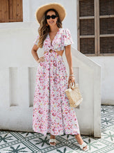 Load image into Gallery viewer, Floral Elegance Maxi Dress - Ruffle Sleeves, Cutout Waist & High Slit, Perfect for Vacations in Breathable Rayon