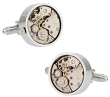 Load image into Gallery viewer, Working Silver Watch Movement Steampunk Cufflinks with Glass Cover