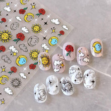 Load image into Gallery viewer, Yellow Smiles Sun Moon Clouds 3D Nail Stickers For Halloween Theme Slider Decals Nail Art Decorations Design 3D Self-Adhesive Nail Decorations Accessories Women Girls Manicure Decorations Nail Art Supplies Water Transfer Decals