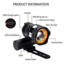 Load image into Gallery viewer, Zoomable LED Bicycle Light Bike Front Lamp Headlight With USB Rechargeable Built-In Battery Bike Light Set USB Rechargeable Powerful LED Bicycle Headlight And Tail Light Combo