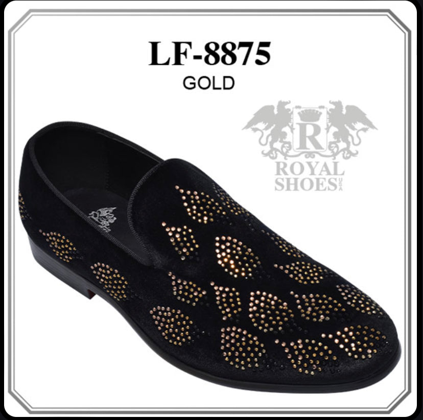 Royal Shoes Black/Gold Rhinestone Leaf Print Smoking Slip-on Red Botto CC Suits Royal Shoes Black/Gold Rhinestone Leaf Print Smoking Slip-on Red Botto CC Suits