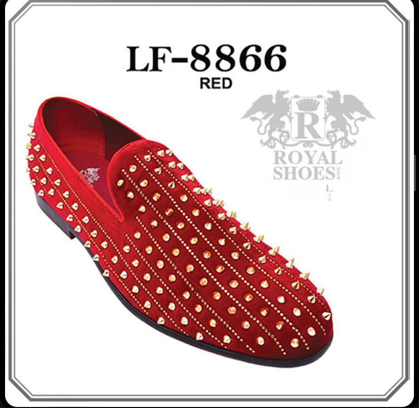 Royal Shoes Red with Gold Spikes & Rhinestones Smoking Slip-on Red Bot CC Suits Royal Shoes Red with Gold Spikes & Rhinestones Smoking Slip-on Red Bot CC Suits