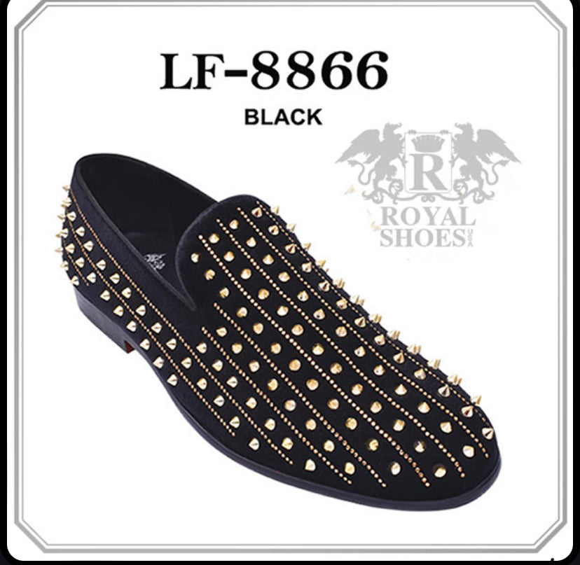 Royal Shoes Black with Gold Spikes & Rhinestones Smoking Slip-on Red Bottom Mens Dress Shoes LF-8866 Sizes 8-13 9 Royal Shoes Black with Gold Spikes & Rhinestones Smoking Slip-on Red Bottom Mens Dress Shoes LF-8866 Sizes 8-13 9
