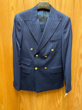 Load image into Gallery viewer, Moda Color Navy Blue Pinstripe Slim Fit European Double Breasted Suit with Gold Buttons