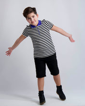 Load image into Gallery viewer, Black and White Striped Zipper Polo With Cobalt Collar
