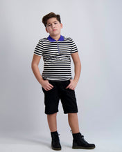 Load image into Gallery viewer, Black and White Striped Zipper Polo With Cobalt Collar
