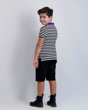 Load image into Gallery viewer, Black and White Striped Zipper Polo With Cobalt Collar

