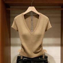 Load image into Gallery viewer, Solid Color Ice Silk Knit Top for Women – Slim-Fit Short Sleeve Elegant Commuter Top
