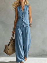 Load image into Gallery viewer, Women's Solid Linen Sleeveless Tank Top &amp; Full-Length Pants Set

