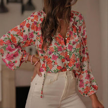 Load image into Gallery viewer, Boho Floral V-Neck Drawstring Blouse

