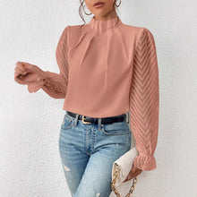 Load image into Gallery viewer, Women's Mock Neck Chiffon Blouse – Wave Pattern Sheer Long Sleeve with Ruffle Cuffs
