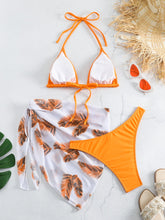 Load image into Gallery viewer, Feather Luxe 3-Piece Bikini Set – Exotic Feather Print Halter Neck Backless Swimsuit with High Cut Tie Back Bottoms and Wrap Cover-Up – Women’s High-Stretch Comfortable Swimwear for Summer Beach &amp; Pool Vacations
