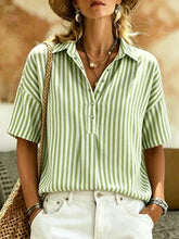 Load image into Gallery viewer, Women's Striped Short-Sleeve Shirt with Turn-Down Collar
