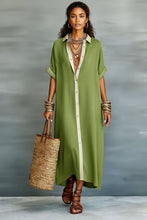 Load image into Gallery viewer, Color-Block Shirt Maxi Dress – Women's Loose Button-Front Long Dress with Contrast Collar

