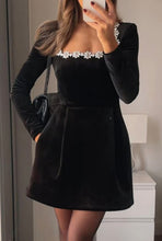 Load image into Gallery viewer, Elegant Square Neck Long-Sleeved Dress With Flowers Rhinestone Design
