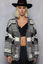 Load image into Gallery viewer, POL Open Front Geometric Print Cardigan with Fringe Detail
