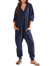 Load image into Gallery viewer, Women’s V-Neck Long Sleeve Solid Color Loose Jumpsuit With Two Side Pockets
