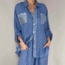 Load image into Gallery viewer, Women's Sequin Pocket Button-Up Shirt &amp; Wide-Leg Pants Set
