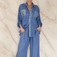 Load image into Gallery viewer, Women's Sequin Pocket &amp; Placket Oversized Shirt &amp; Wide-Leg Pants Set
