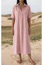 Load image into Gallery viewer, Women's Linen Blend Short Sleeve Polo Neck Maxi Dress
