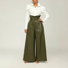 Load image into Gallery viewer, Women's High-Waist PU Leather Wide-Leg Pants with Metallic Belt

