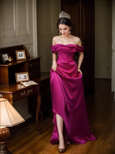 Load image into Gallery viewer, Radiant Fuchsia Off-Shoulder Satin Gown with Elegant Train
