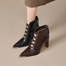 Load image into Gallery viewer, Women's Satin Pointed Toe Chunky Heel Short Boots – Ultra High Heel
