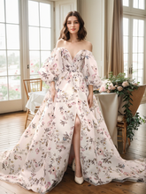 Load image into Gallery viewer, Avera - Sexy floral printed butterfly pattern front-slit bishop sleeves off-the-shoulder Satin Wedding Dress Gown
