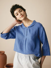 Load image into Gallery viewer, 100% Linen Stripe Shawl V-Neck Half Sleeve Top
