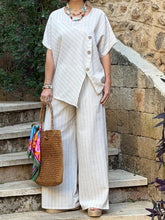Load image into Gallery viewer, Striped Shirt &amp; Loose Pants Set – Three-Quarter Sleeve Two-Piece
