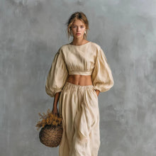 Load image into Gallery viewer, Women's Puff-Sleeve Crew-Neck Two-Piece Set with Pockets
