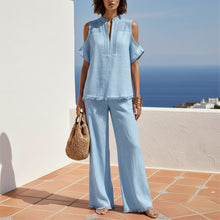 Load image into Gallery viewer, Women's Off-Shoulder Short-Sleeve Linen Blend Pantsuit Set
