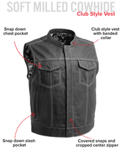 Load image into Gallery viewer, The Club Cut Men's Motorcycle Leather Vest, Multiple Color Options
