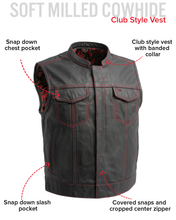 Load image into Gallery viewer, The Club Cut Men's Motorcycle Leather Vest, Multiple Color Options
