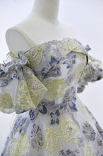 Load image into Gallery viewer, Elora - embroidery golden blue floral pattern off-the-shoulder Princess Prom Dress
