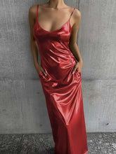 Load image into Gallery viewer, Textured Mirror-Finish U-Neck Slip Maxi Dress with Pockets
