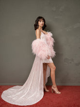 Load image into Gallery viewer, Ostrich Feather sequin mesh long robe dress with nightgown pink ivory-next day shipping
