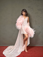 Load image into Gallery viewer, Ostrich Feather sequin mesh long robe dress with nightgown pink ivory-next day shipping
