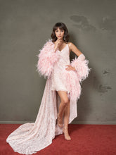 Load image into Gallery viewer, Ostrich Feather sequin mesh long robe dress with nightgown pink ivory-next day shipping
