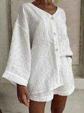 Load image into Gallery viewer, Women's Cotton Linen Shirt &amp; Shorts Set – Long Sleeve, Button, Casual 2-Piece
