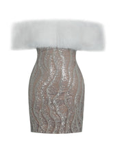 Load image into Gallery viewer, Averie White Fur Off-Shoulder Beige Sequin Mini Dress
